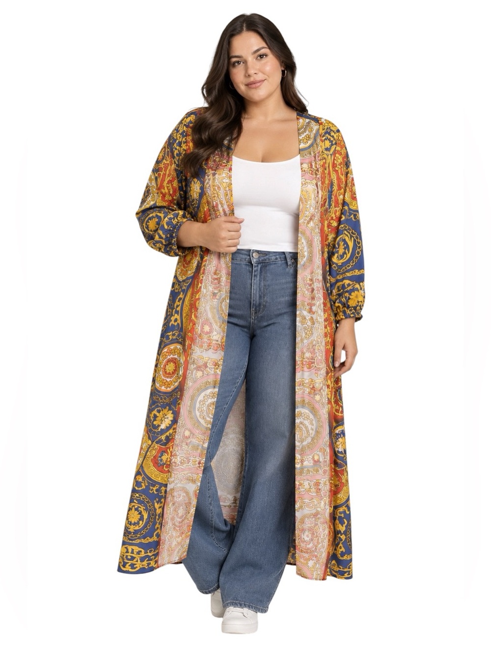Ashley Stewart Baroque Scarf Print Long Kimono Cardigan Duster Plus Size 18/20